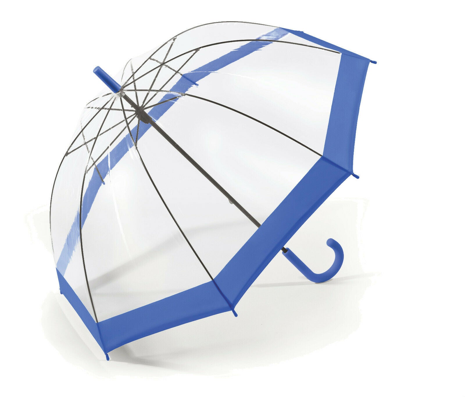 Happy Rain Regenschirm Stockschirm transparent durchsichtig mit blauem Rand Glockenschirm