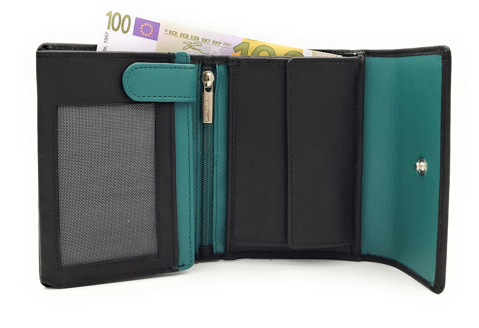 Jockey Club echt Leder Damen Geldbörse mit Stickerei Schmetterling + RFID Schutz petrol