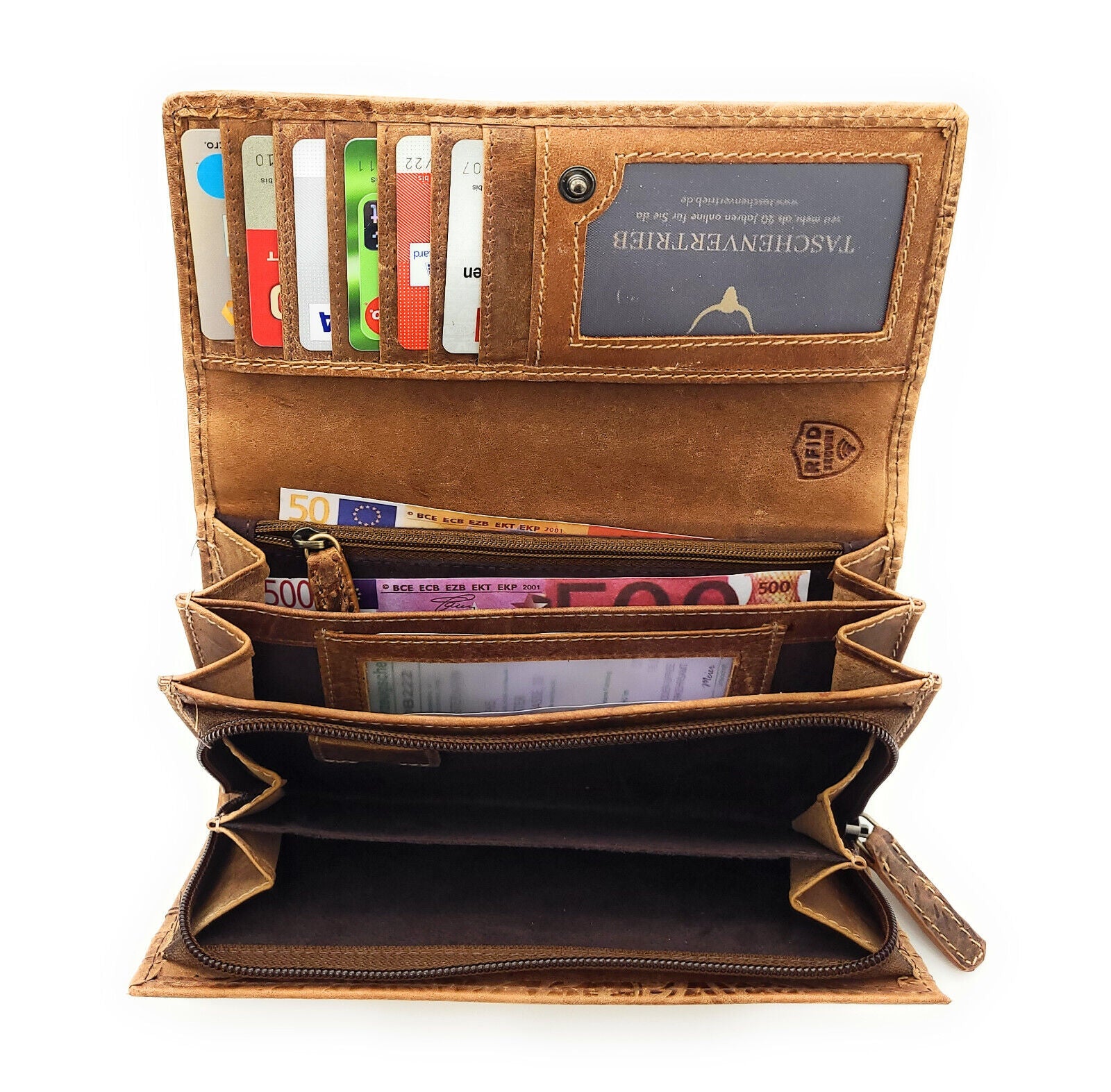 Jockey Club Damengeldbörse, Portemonnaie aus Echtleder mit RFID-Schutz & Blüten-Prägung cognac braun