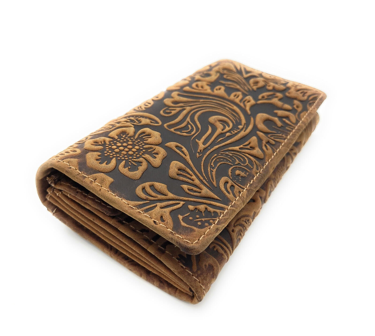 Jockey Club Damen Geldbörse lang Portemonnaie geprägtes Vollrindleder Ranken und Blüten mit RFID Schutz cognac braun