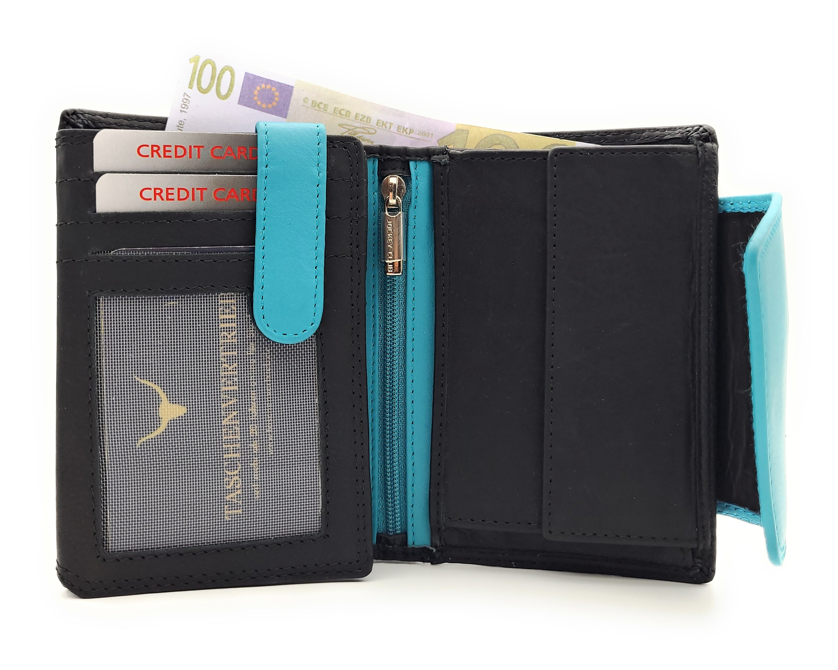 Jockey Club hochwertige Damen Geldbörse aus Echtleder mit RFID Schutz & Diagonalriegel – Handgefertigte Lederbörse mit vielen Fächern schwarz blau