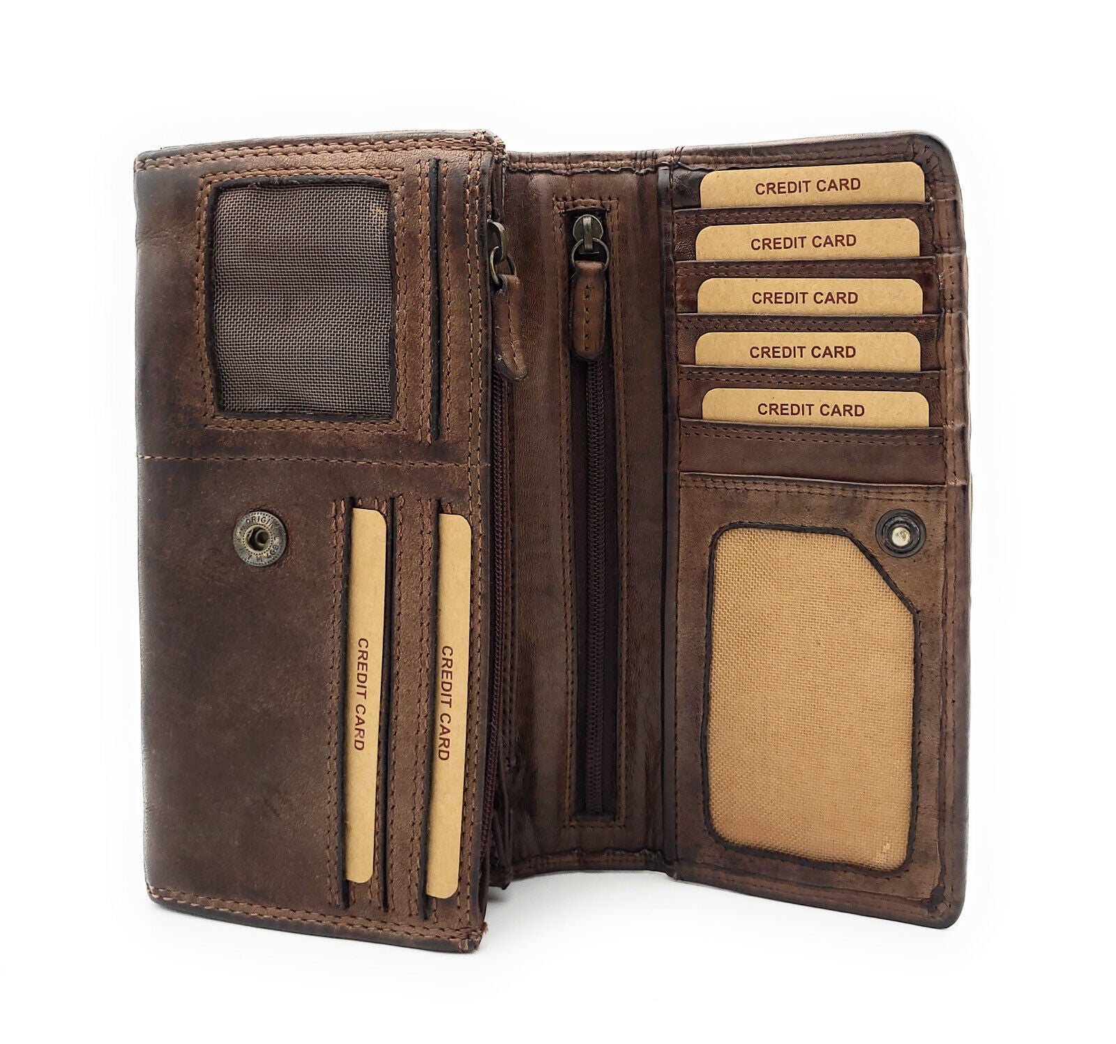 Hill Burry echt Leder Damen Geldbörse Portemonnaie Waschleder geflochten mit Nieten braun