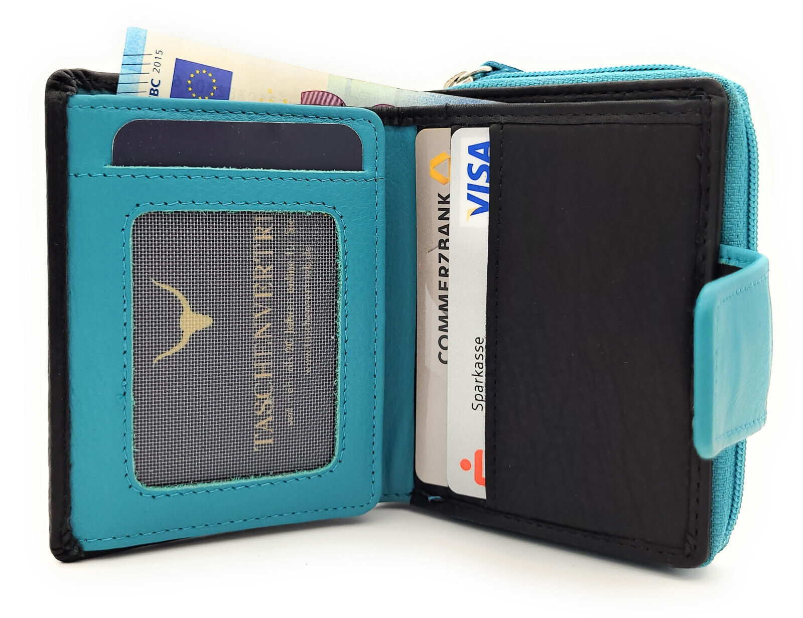 Jockey Club echt Leder Mini Geldbörse Portemonnaie mit RFID Schutz schwarz türkis