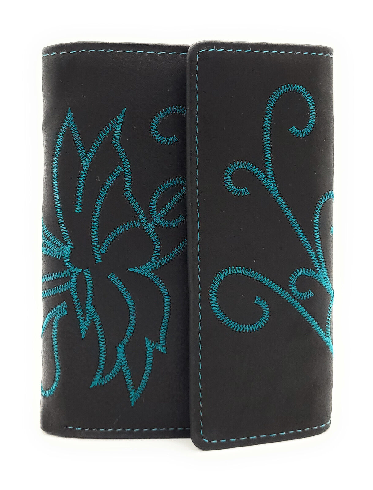 Jockey Club echt Leder Damen Geldbörse mit Stickerei Schmetterling + RFID Schutz petrol