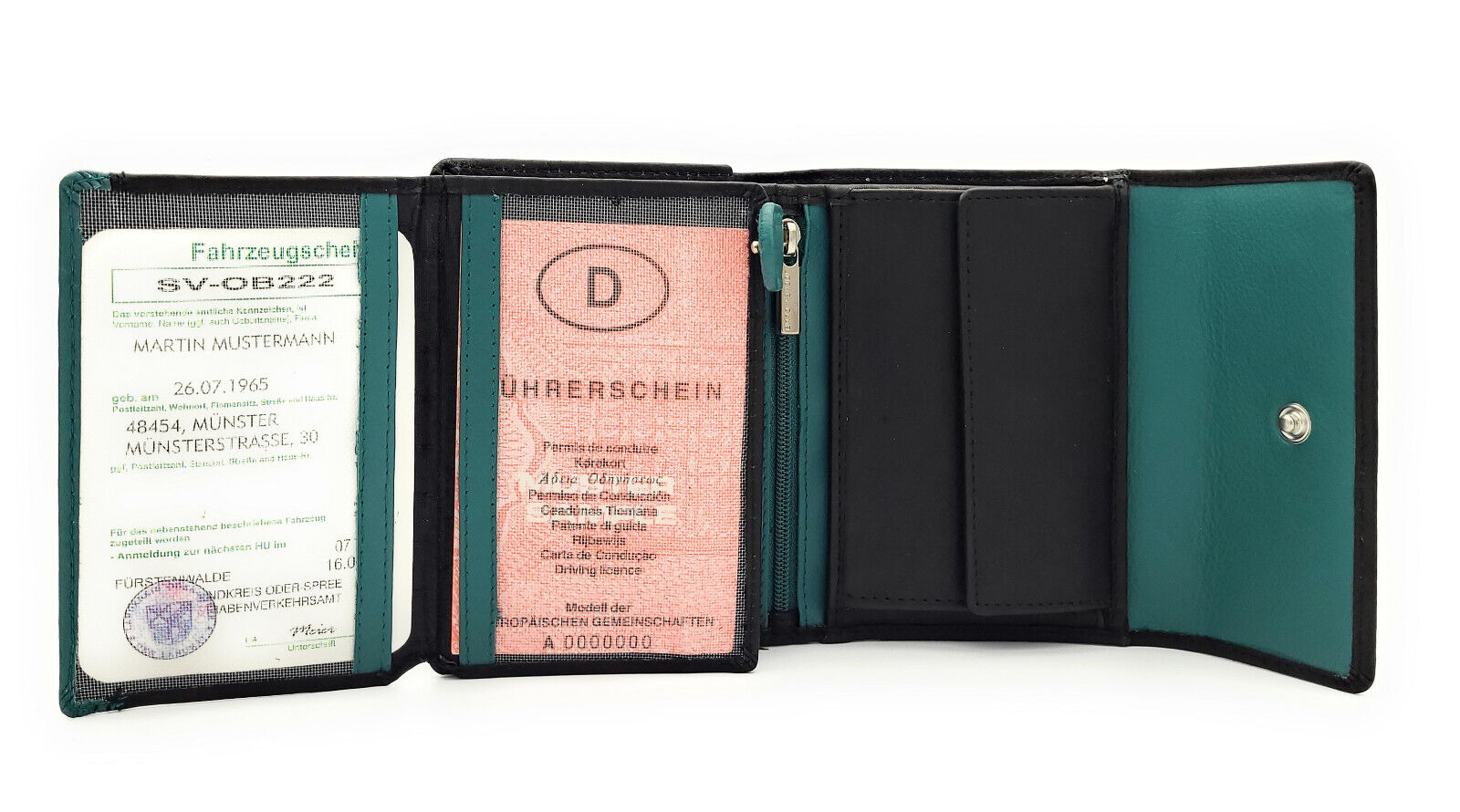 Jockey Club echt Leder Damen Geldbörse mit Stickerei Schmetterling + RFID Schutz petrol