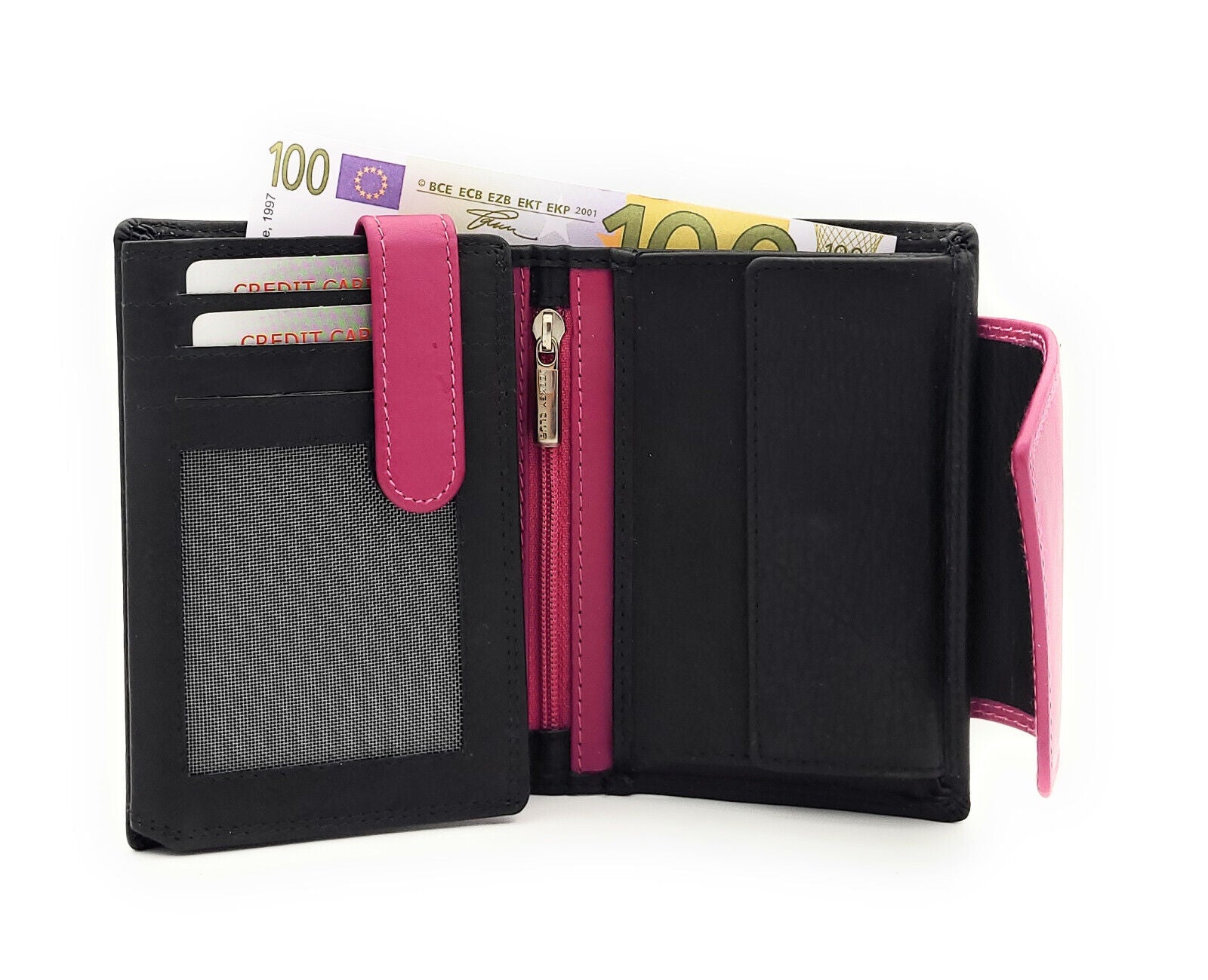 Jockey Club hochwertige Damen Geldbörse aus Echtleder mit RFID Schutz & Diagonalriegel – Handgefertigte Lederbörse mit vielen Fächern schwarz berry