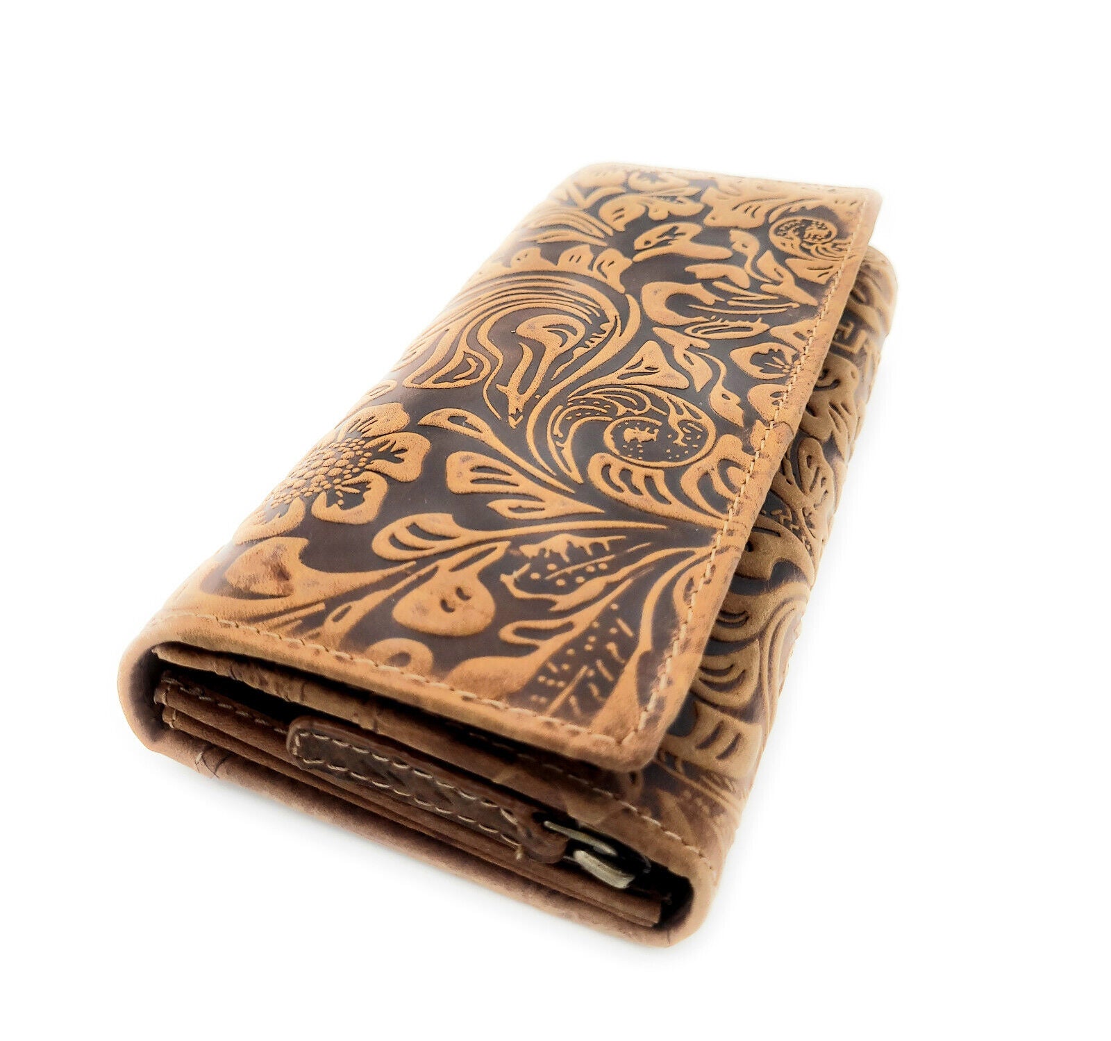 Jockey Club Damengeldbörse, Portemonnaie aus Echtleder mit RFID-Schutz & Blüten-Prägung cognac braun