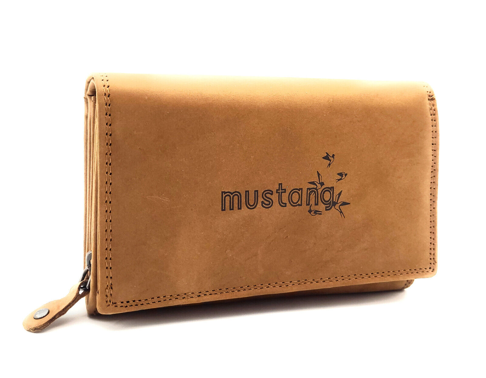 Mustang echt Leder Damen Geldbörse Portemonnaie Tampa 12 Kartenfächer mit RFID Schutz cognac braun