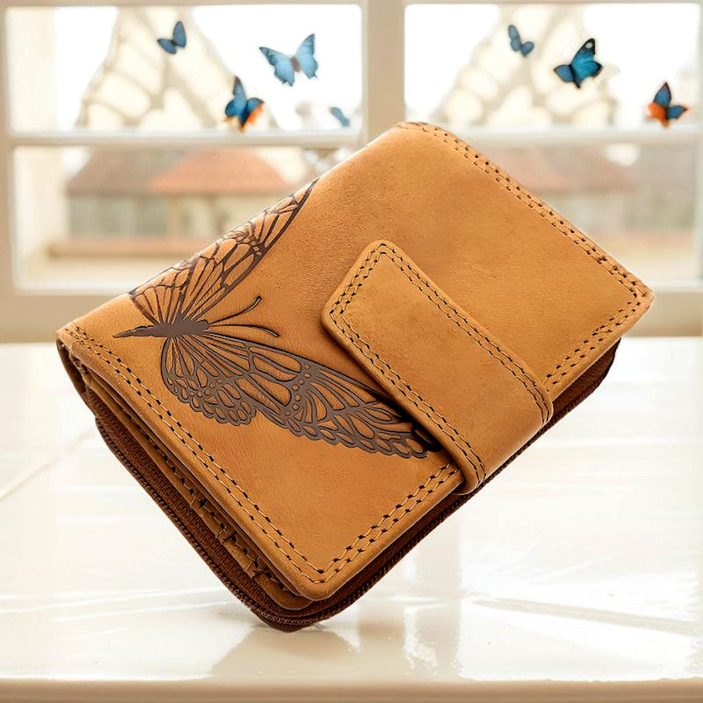 Jockey Club echt Leder Geldbörse Portemonnaie Geldbeutel Sauvage mit RFID Schutz Schmetterling braun