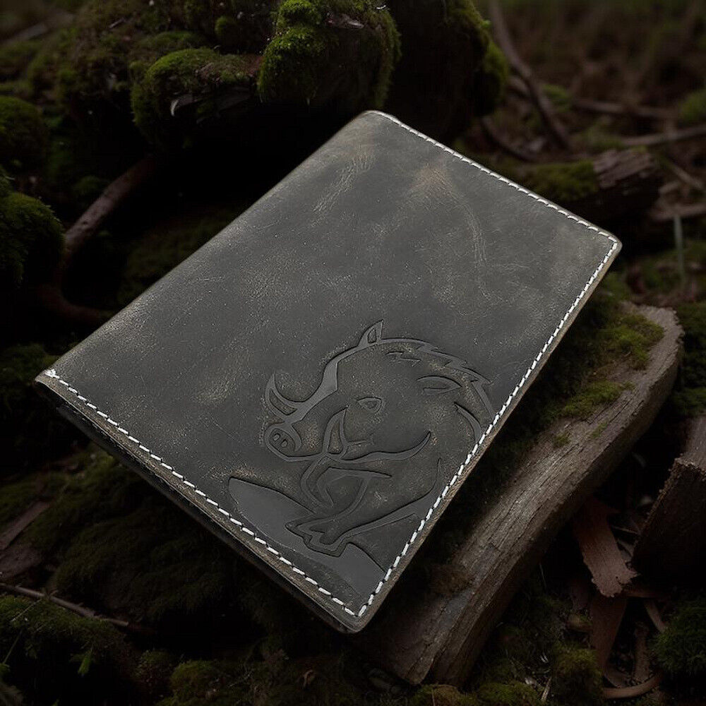 Jockey Club echt Leder Passhülle Etui Hülle Dokumenten Mappe Wildsau Wildschwein duo grau
