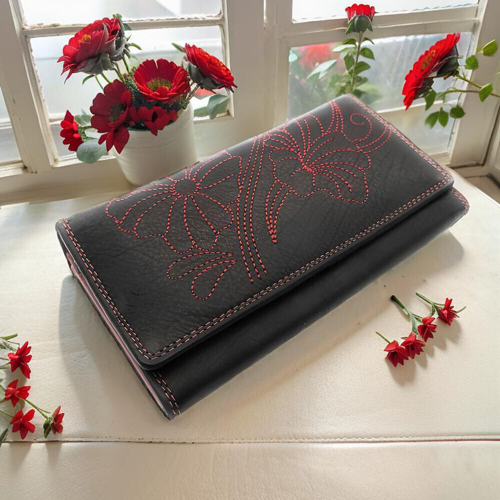 Jockey Club echt Leder Damen Geldbörse Portemonnaie mit RFID Schutz Flower rot