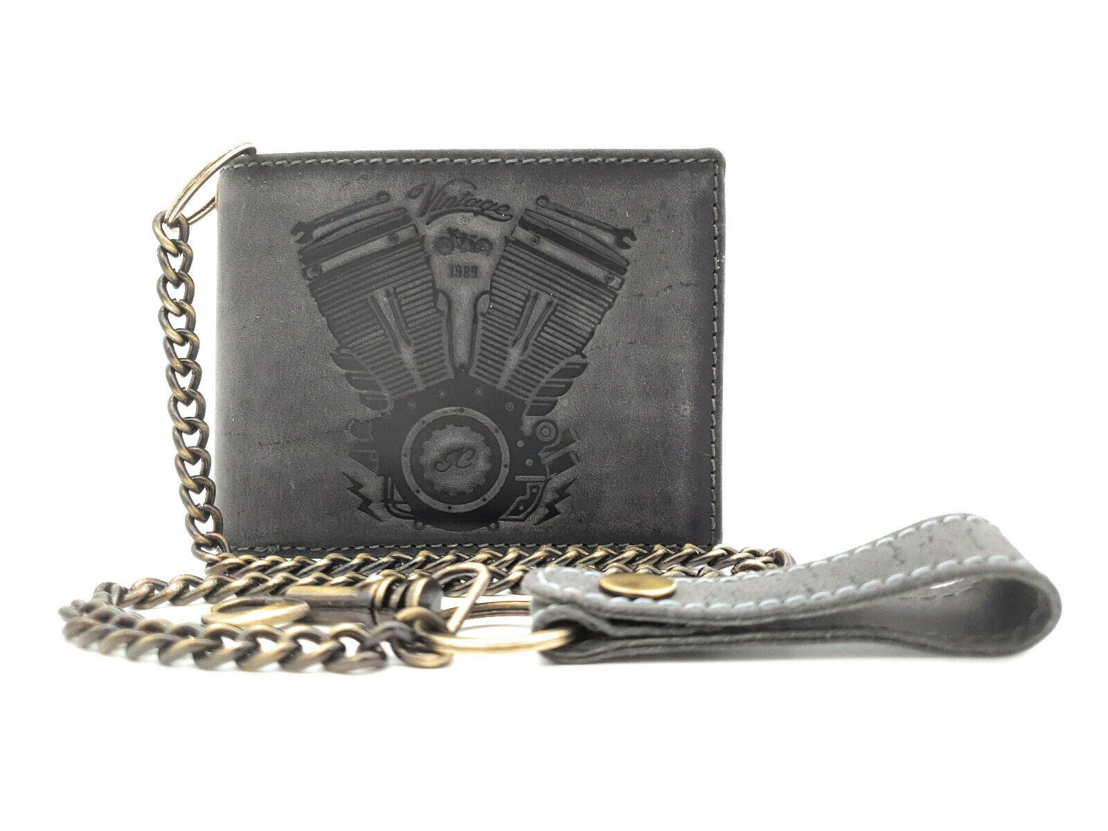 Jockey Club echt Leder Geldbörse Geldbeutel Portemonnaie Motor Motorblock + 50cm Kette mit RFID Schutz grau