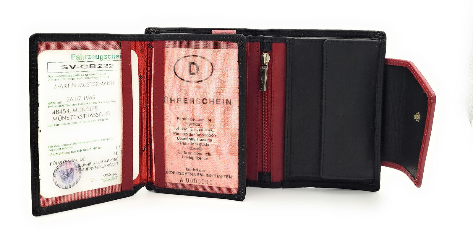 Jockey Club hochwertige Damen Geldbörse aus Echtleder mit RFID Schutz & Diagonalriegel – Handgefertigte Lederbörse mit vielen Fächern schwarz rot