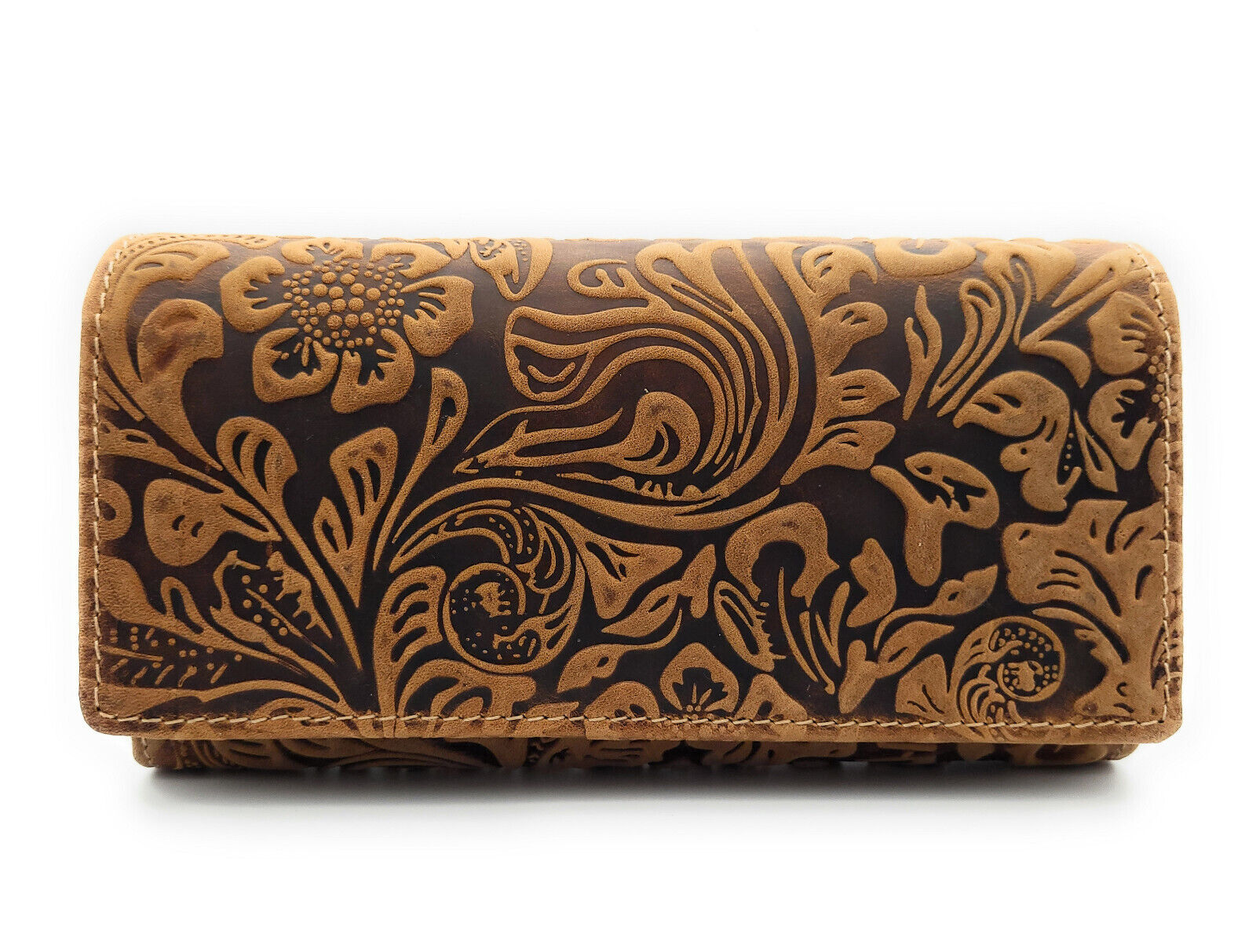 Jockey Club Damengeldbörse, Portemonnaie aus Echtleder mit RFID-Schutz & Blüten-Prägung cognac braun