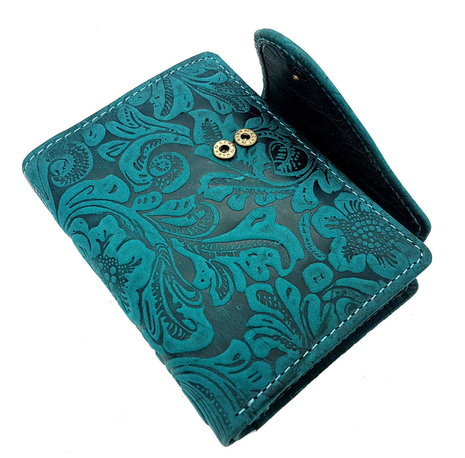 Jockey Club echt Leder Damen Geldbörse Portemonnaie florale Prägung mit RFID Schutz Liane petrol grün