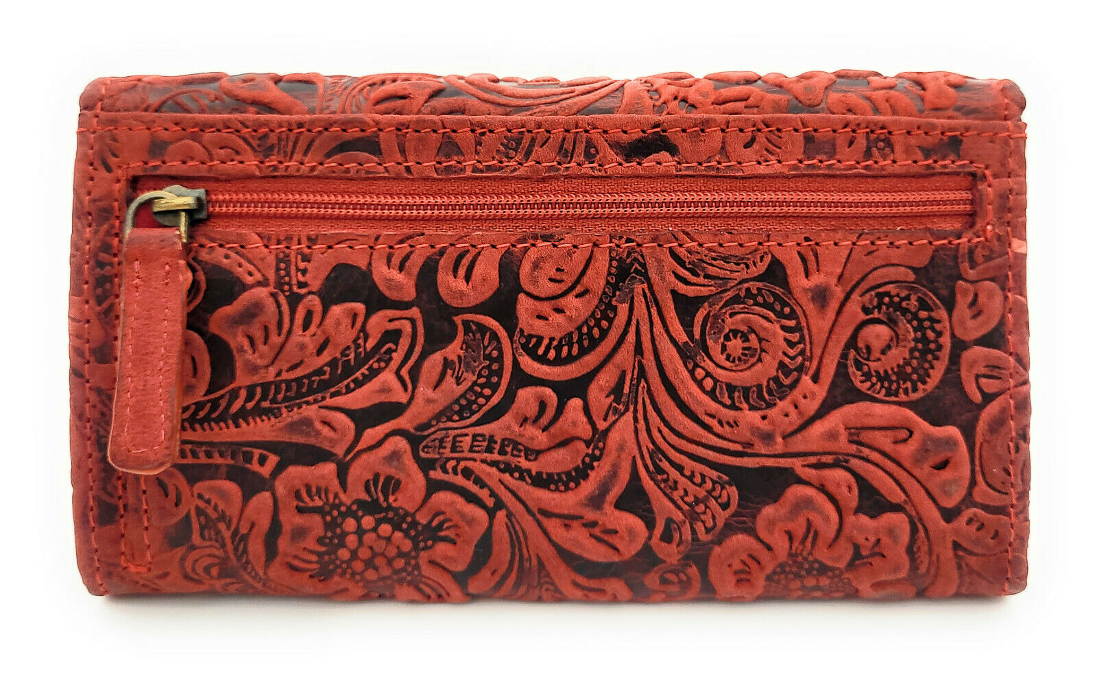 Jockey Club Damen Geldbörse lang Portemonnaie geprägtes Vollrindleder Ranken und Blüten mit RFID Schutz rot