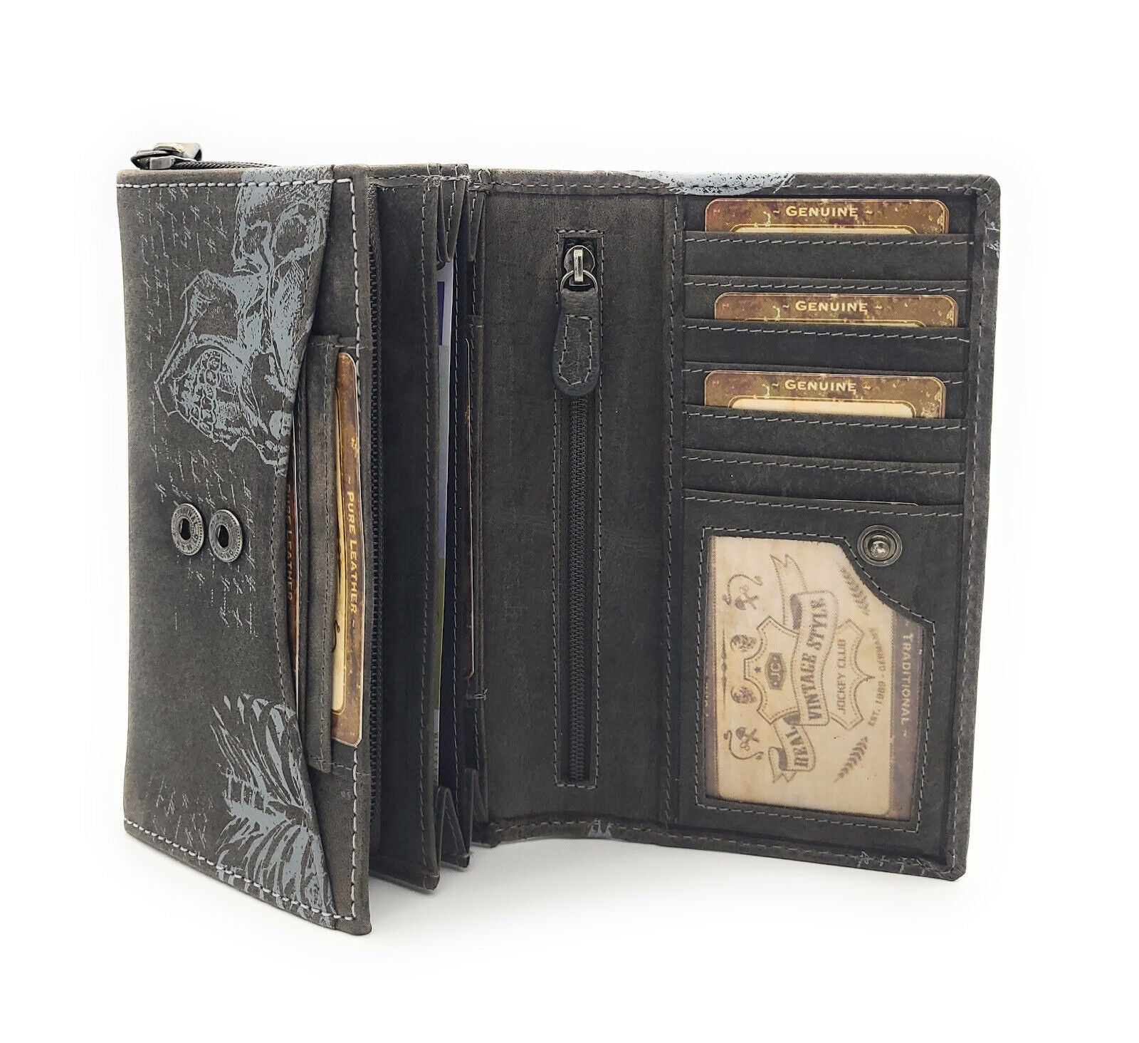 Jockey Club Geldbörse Büffelleder RFID-Schutz Totenkopf Design Grau