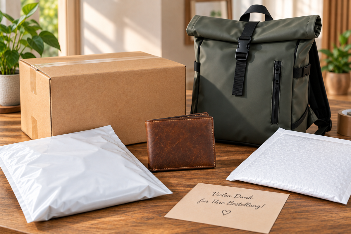 Karton, weißer Versandbeutel, Luftpolsterumschlag, Geldbörse und Rucksack