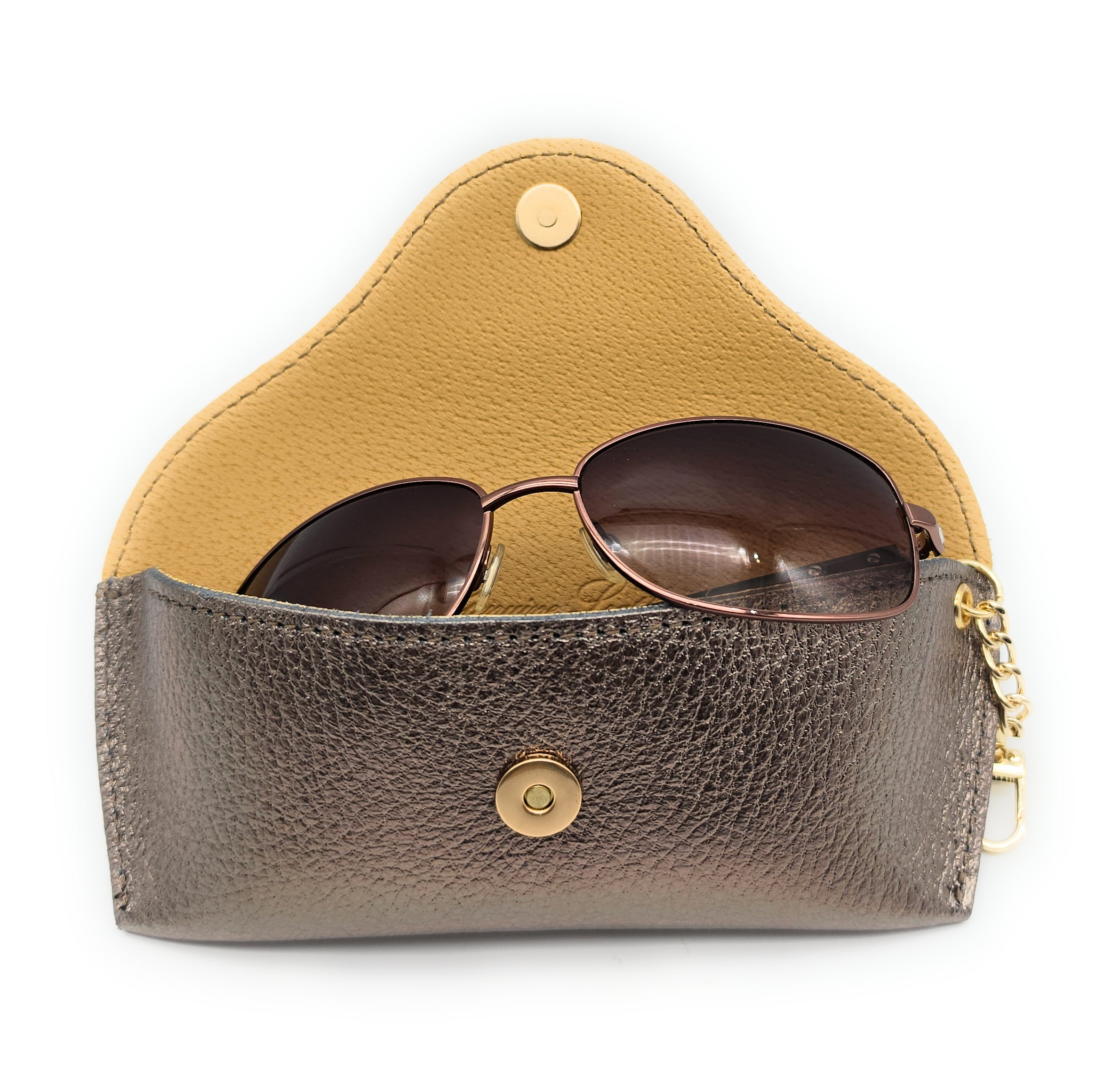 Brillenetui aus echtem Leder mit Magnetverschluss und Karabinerkette – Made in Italy bronze