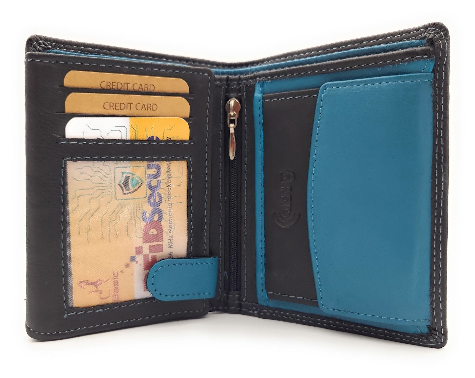 Jockey Club Basic Geldbörse aus Rindleder mit RFID-Schutz, Reißverschlussfach, 6 Kartenfächern, 2 Sicht- & 2 Einsteckfächern, Münzfach & Doppelnaht schwarz petrol
