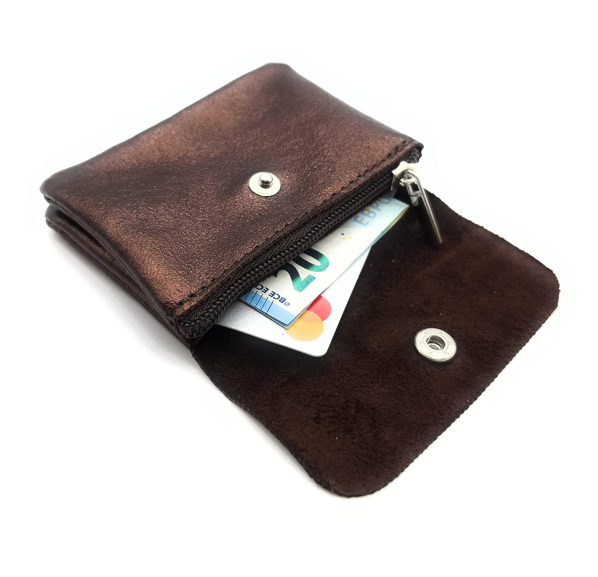 Mini Geldbörse aus echtem Rindleder – kompaktes Leder Portemonnaie Made in Italy braun metallic