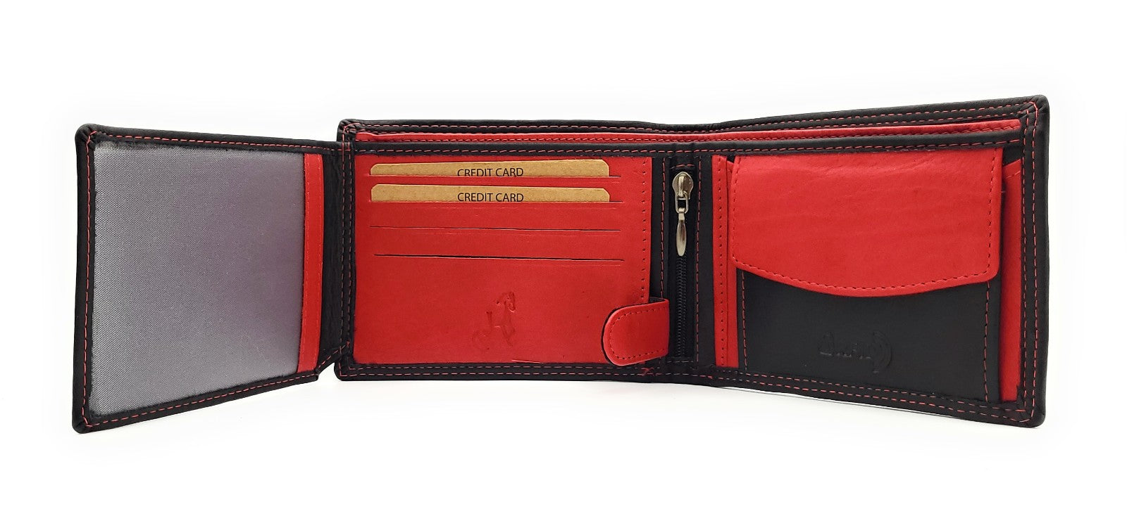 Jockey Club Basic Geldbörse aus Rindleder mit RFID-Schutz, Reißverschlussfach, 6 Kartenfächern, 2 Sicht- & 2 Einsteckfächern, Münzfach & Doppelnaht schwarz rot