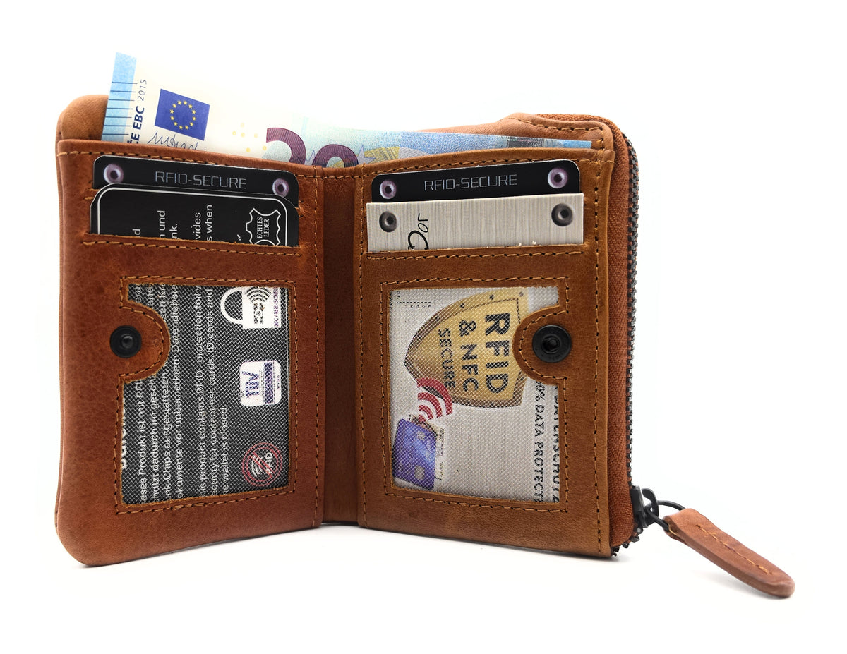 Mini-Geldbörse gewachstes Rindleder Kolibri-Prägung RFID-Schutz cognac braun