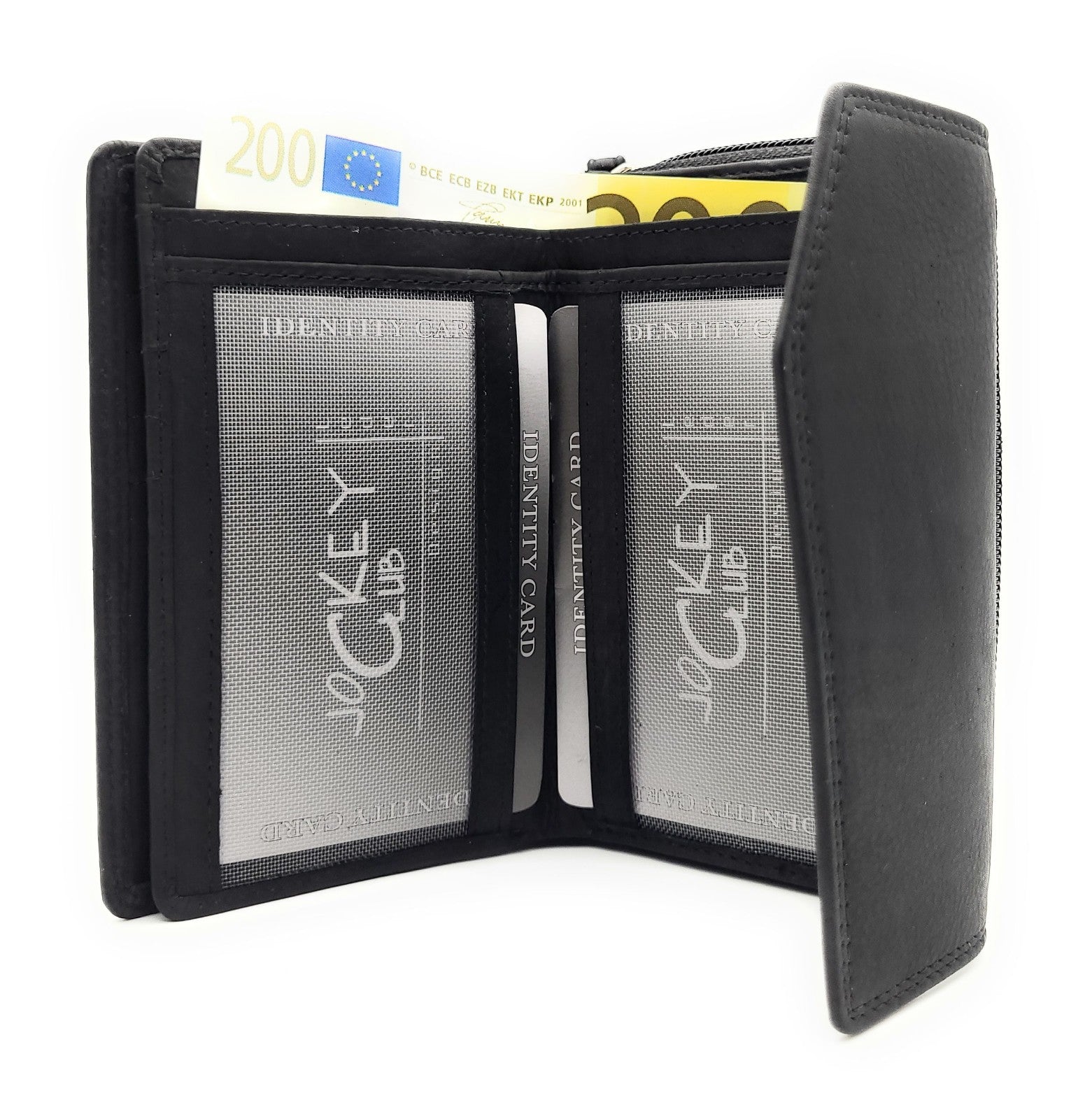 Jockey Club Geldbörse aus echtem Rindleder im Triangel-Design mit Druckknopf-Überschlag, RFID-Schutz, 9 Kartenfächern, Sichtfächern, Münzfach & Doppelnaht schwarz