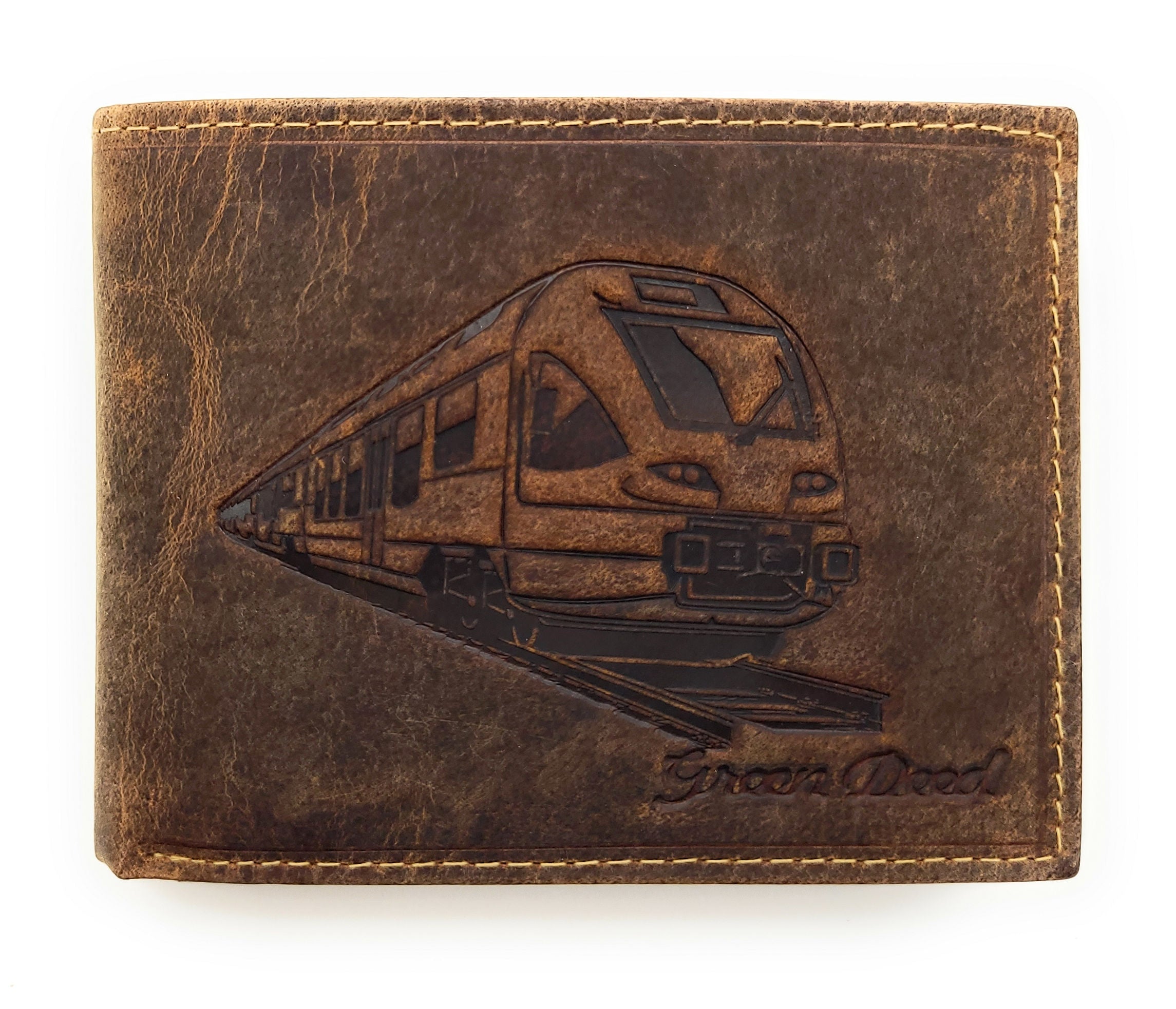 Green Deed Geldbörse aus Hunterleder – Dunkelbraun mit geprägtem Zug-Motiv, RFID-Schutz & Geschenkbox
