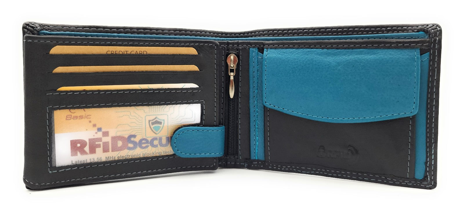 Jockey Club Basic Geldbörse aus Rindleder mit RFID-Schutz, Reißverschlussfach, 6 Kartenfächern, 2 Sicht- & 2 Einsteckfächern, Münzfach & Doppelnaht schwarz petrol