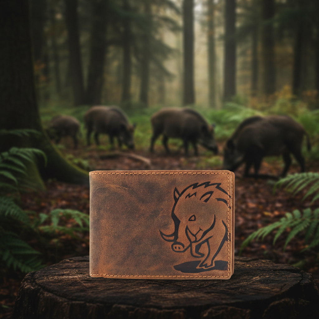 Herren Geldbörse aus echtem Hunterleder mit Wildschwein-Prägung – Geschenk für Jäger