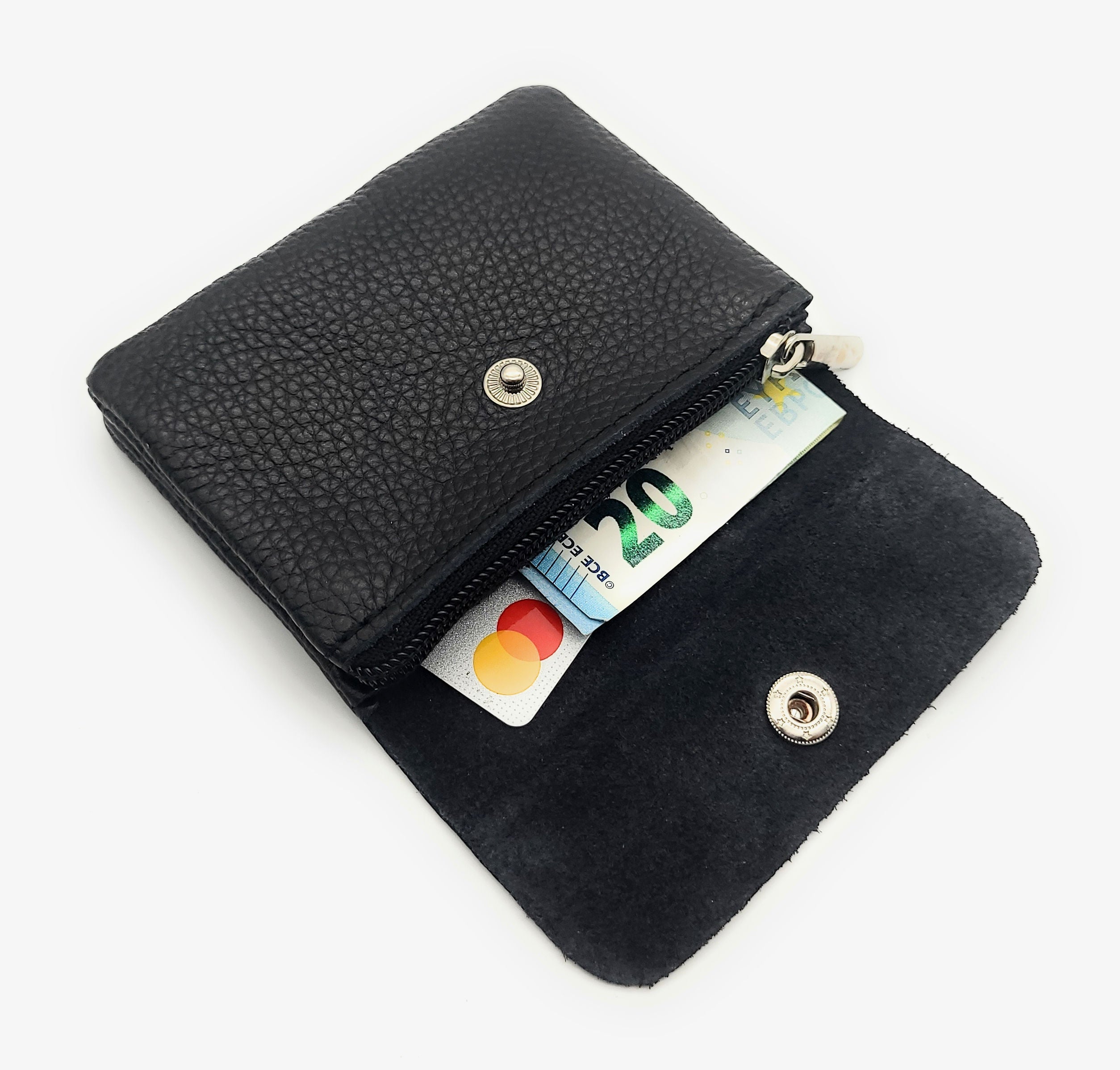 Mini Geldbörse aus echtem Rindleder – kompaktes Leder Portemonnaie Made in Italy schwarz