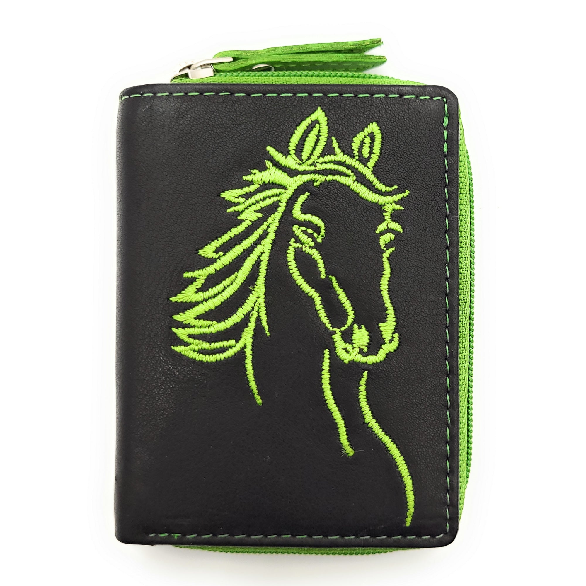 Jockey Club Damen Mini Geldbörse Pferd RFID Schutz - Echt Leder Klein Schwarz Grün