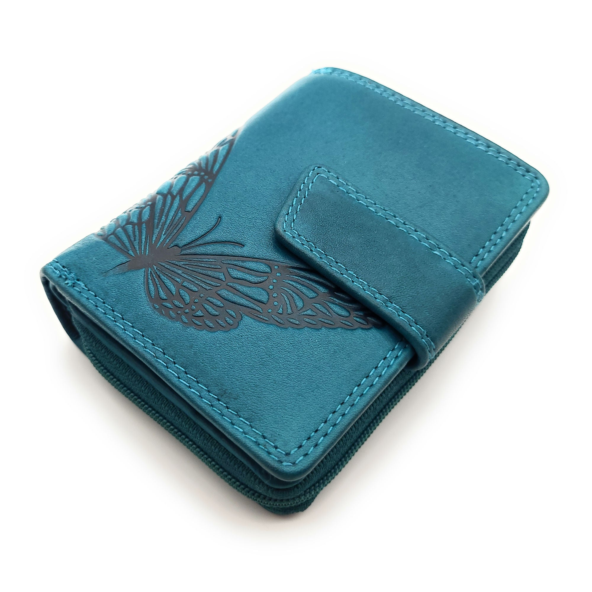 Jockey Club echt Leder Geldbörse Portemonnaie Geldbeutel Sauvage mit RFID Schutz Schmetterling petrol