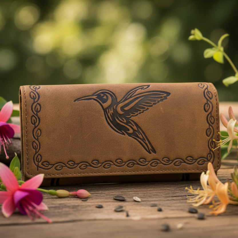 Jockey Club Damen Geldbörse Lang Leder RFID Schutz - Braun mit Kolibri-Prägung