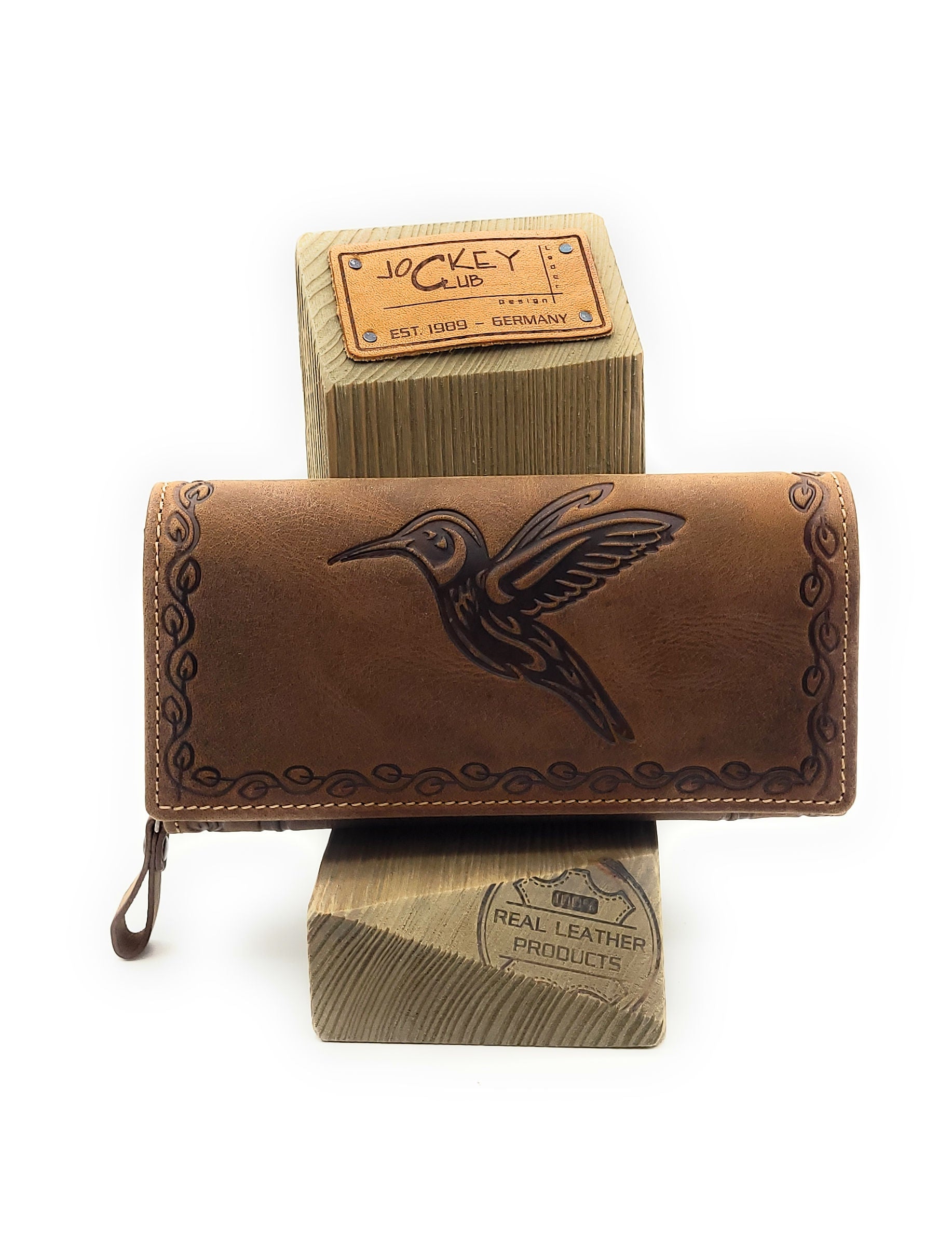 Jockey Club Damen Geldbörse Lang Leder RFID Schutz - Braun mit Kolibri-Prägung
