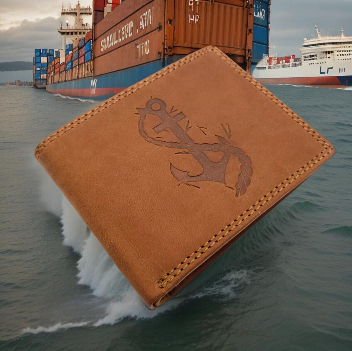 echt Leder Geldbörse Portemonnaie Geldbeutel mit RFID Schutz Anker maritim braun