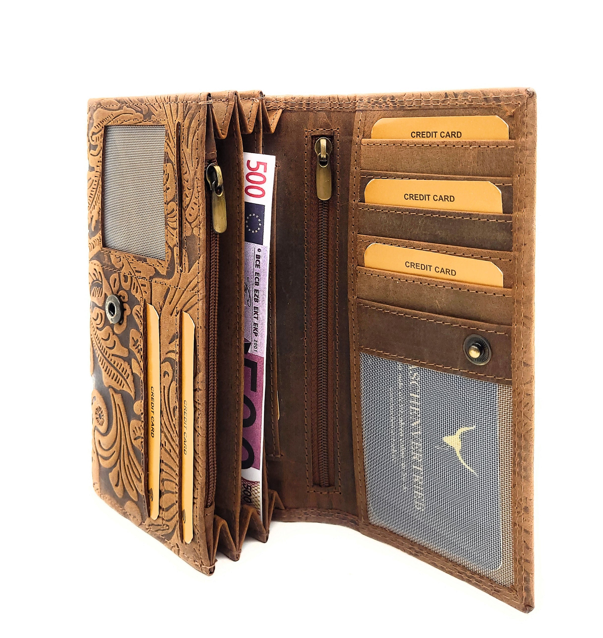 Damen Geldbörse Büffelleder flach | RFID Schutz | 20 Fächer | Blumenprägung