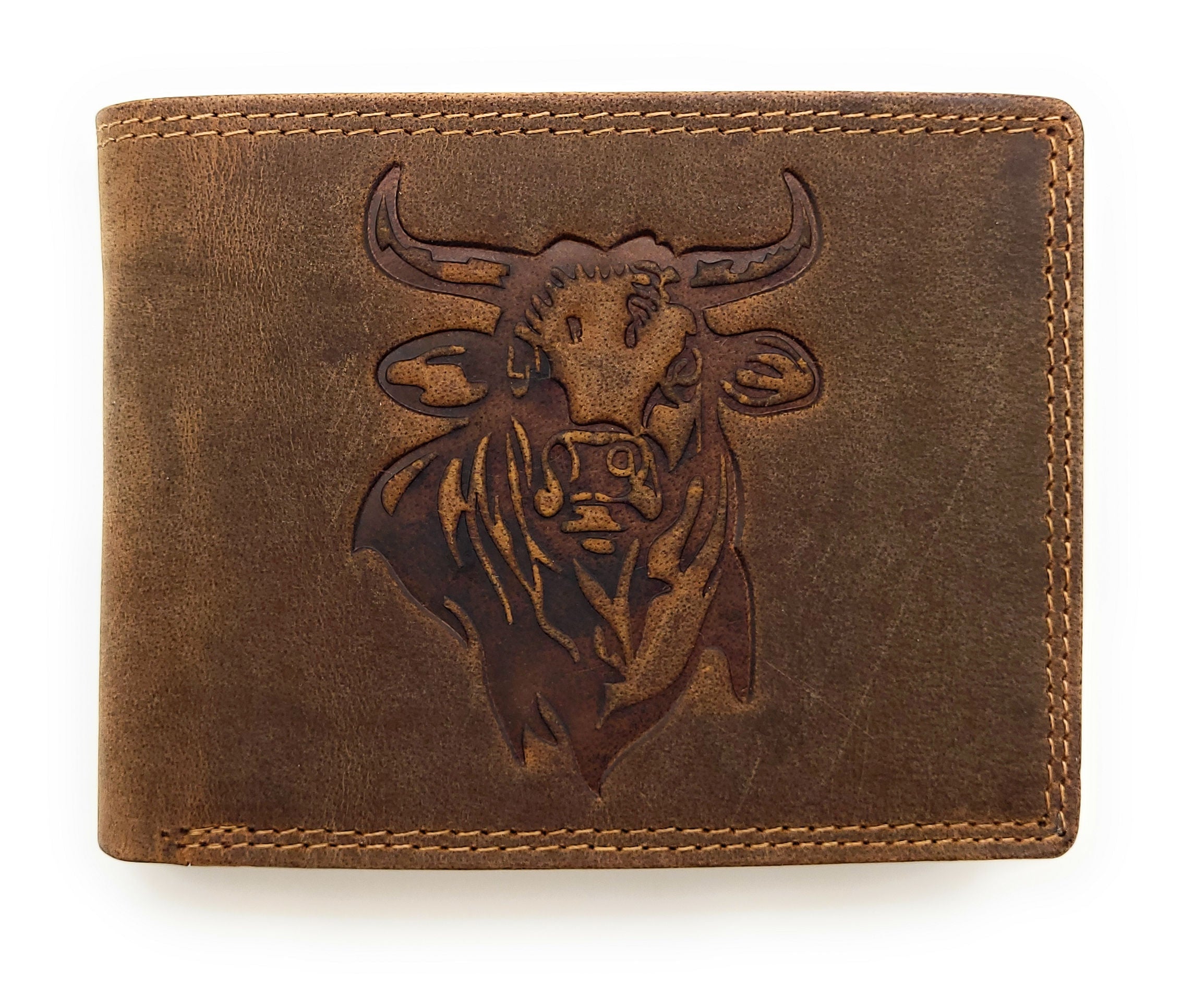 Lemasi Büffelleder Unisex Geldbörse mit Stier-Prägung - RFID Schutz - 16 Fächer - Hunterleder Querformat