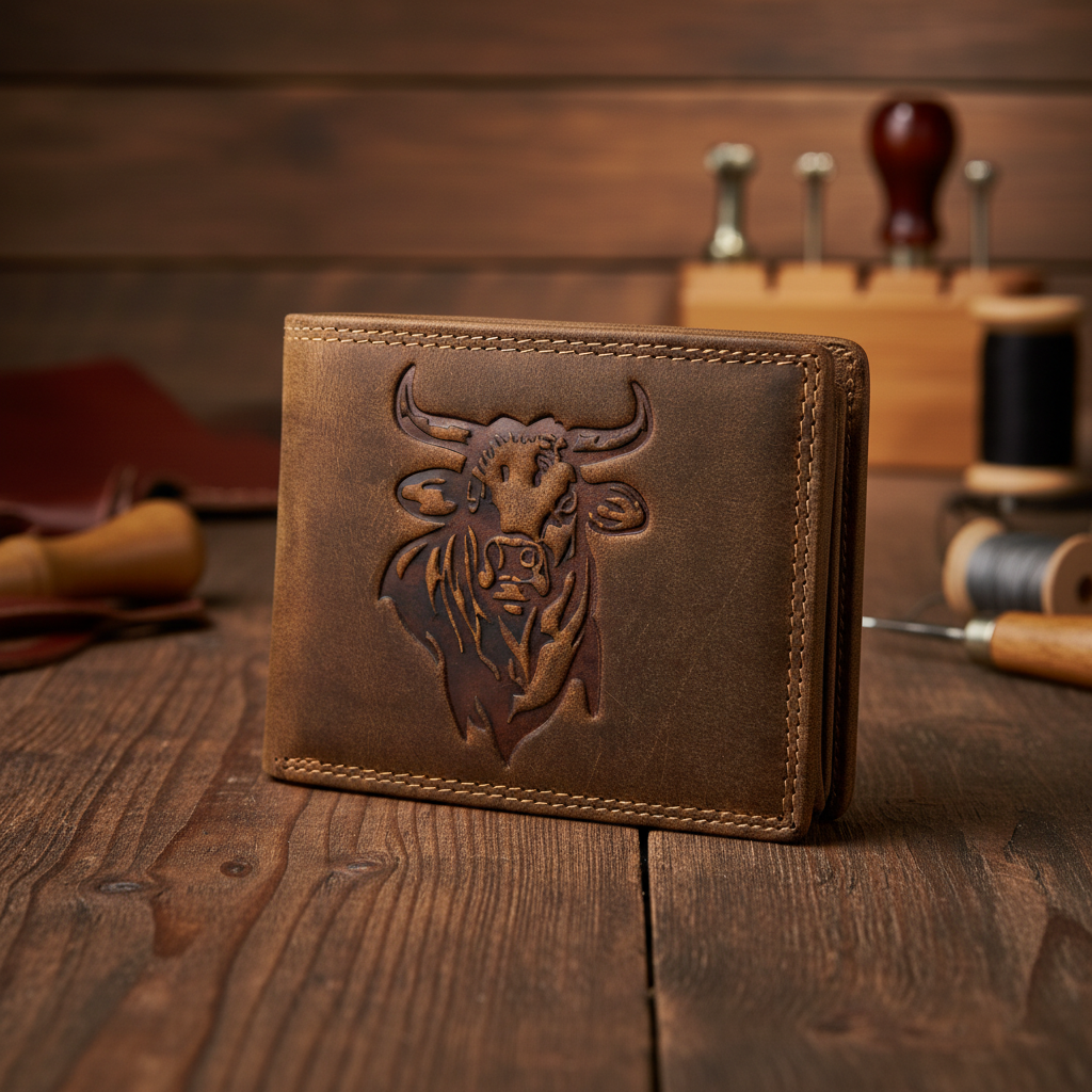 Lemasi Büffelleder Unisex Geldbörse mit Stier-Prägung - RFID Schutz - 16 Fächer - Hunterleder Querformat