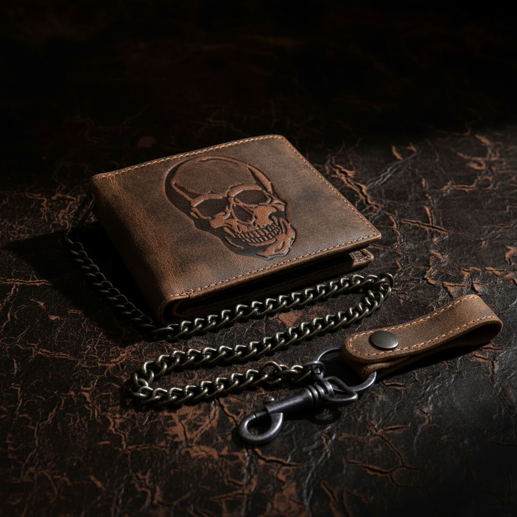 Jockey Club echt Leder Geldbörse Geldbeutel Portemonnaie Totenkopf Schädel + 50cm Kette mit RFID Schutz