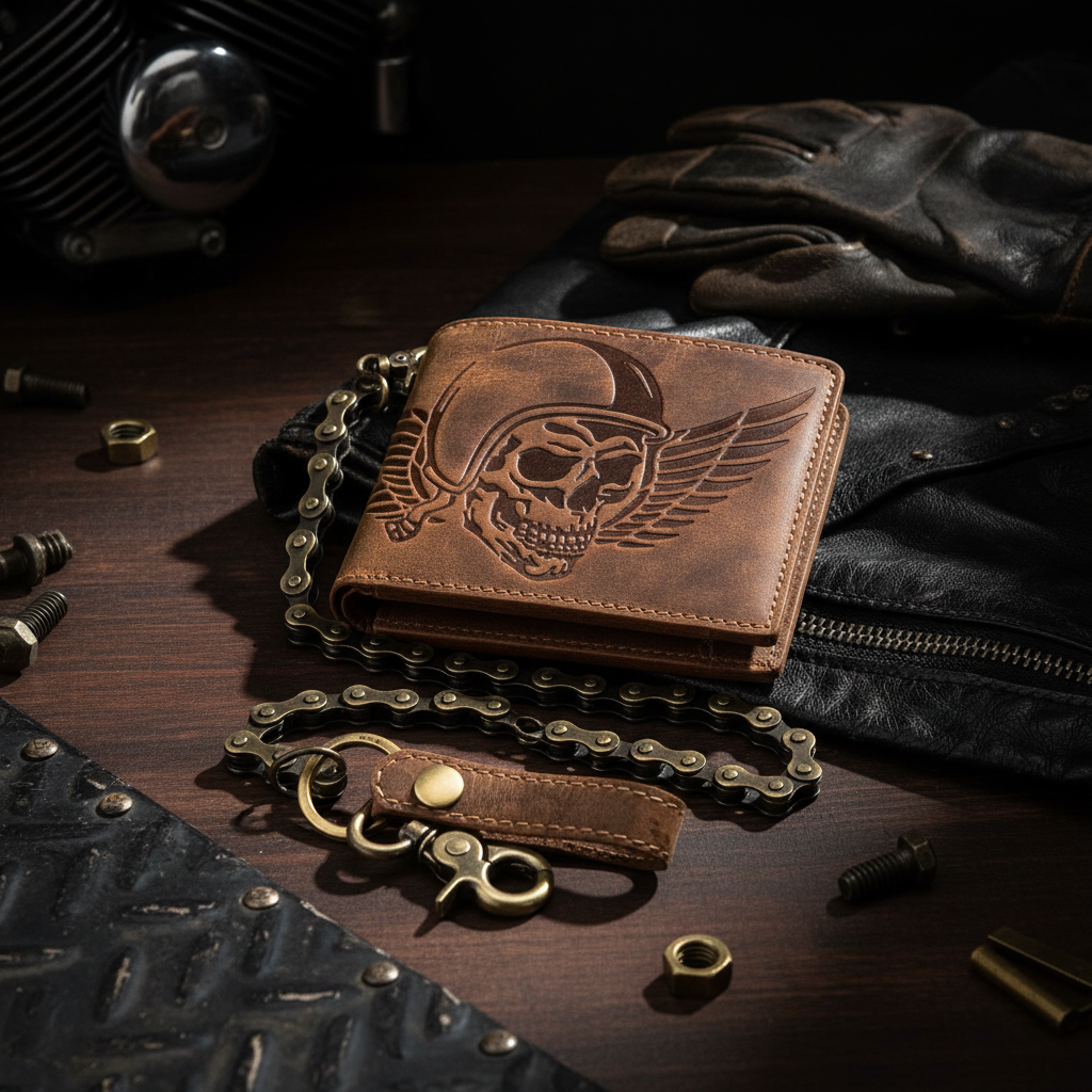 Jockey Club Biker Leder Geldbörse massive Fahrrad-Kette Hunterleder Portemonnaie Totenkopf mit RFID Schutz