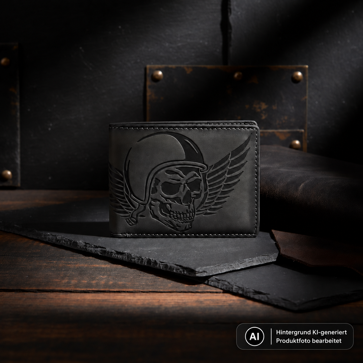 Jockey Club Wing of Hell Geldbörse in Dunkelgrau mit Totenkopfprägung. Hintergrund KI-generiert, Produktfoto bearbeitet.