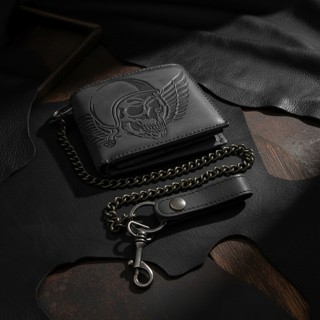 Jockey Club echt Leder Geldbörse Hunterleder Portemonnaie mit Kette Totenkopf Wing of Hell mit RFID Schutz grau