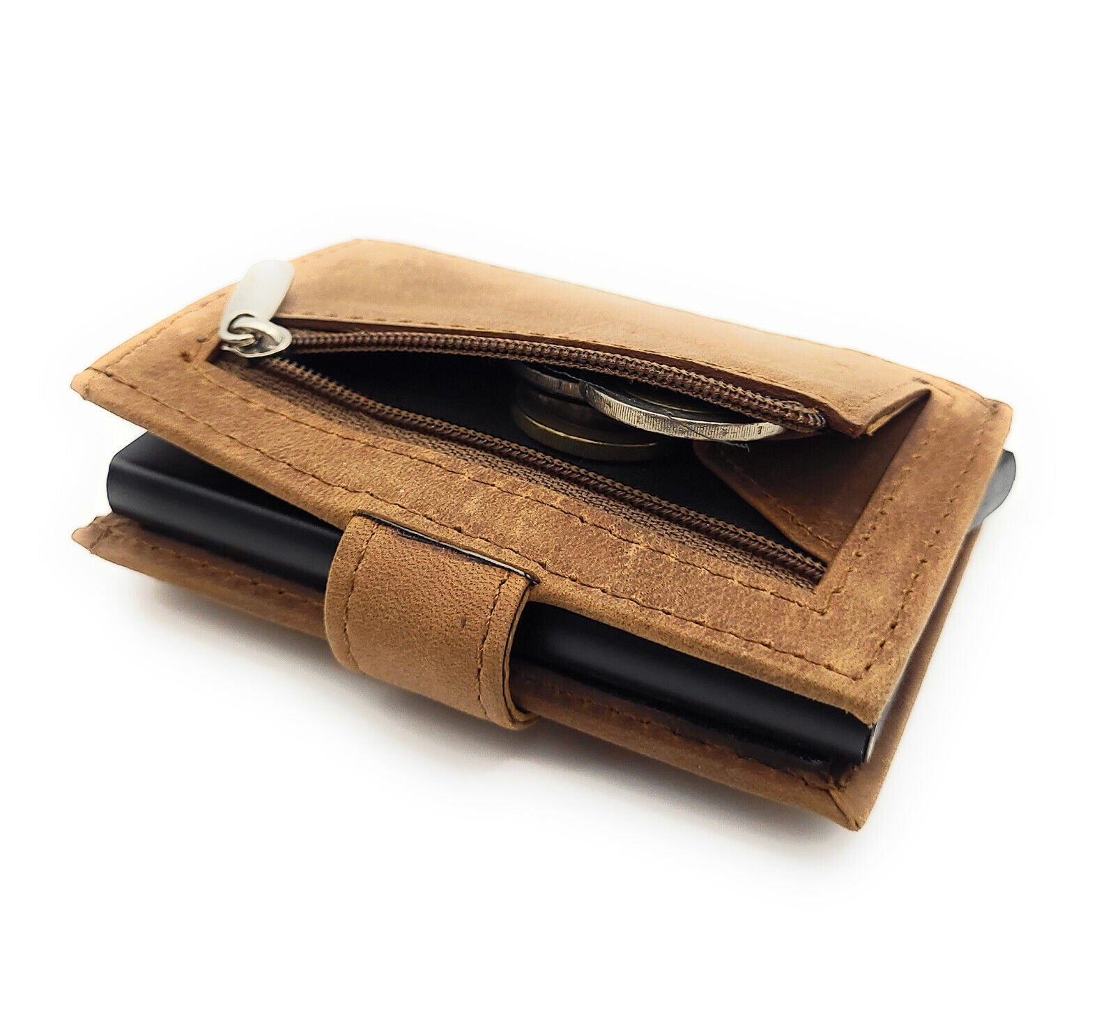 echt Leder Smart Wallet Mini Geldbörse Portemonnaie RFID Schutz Hunterleder braun