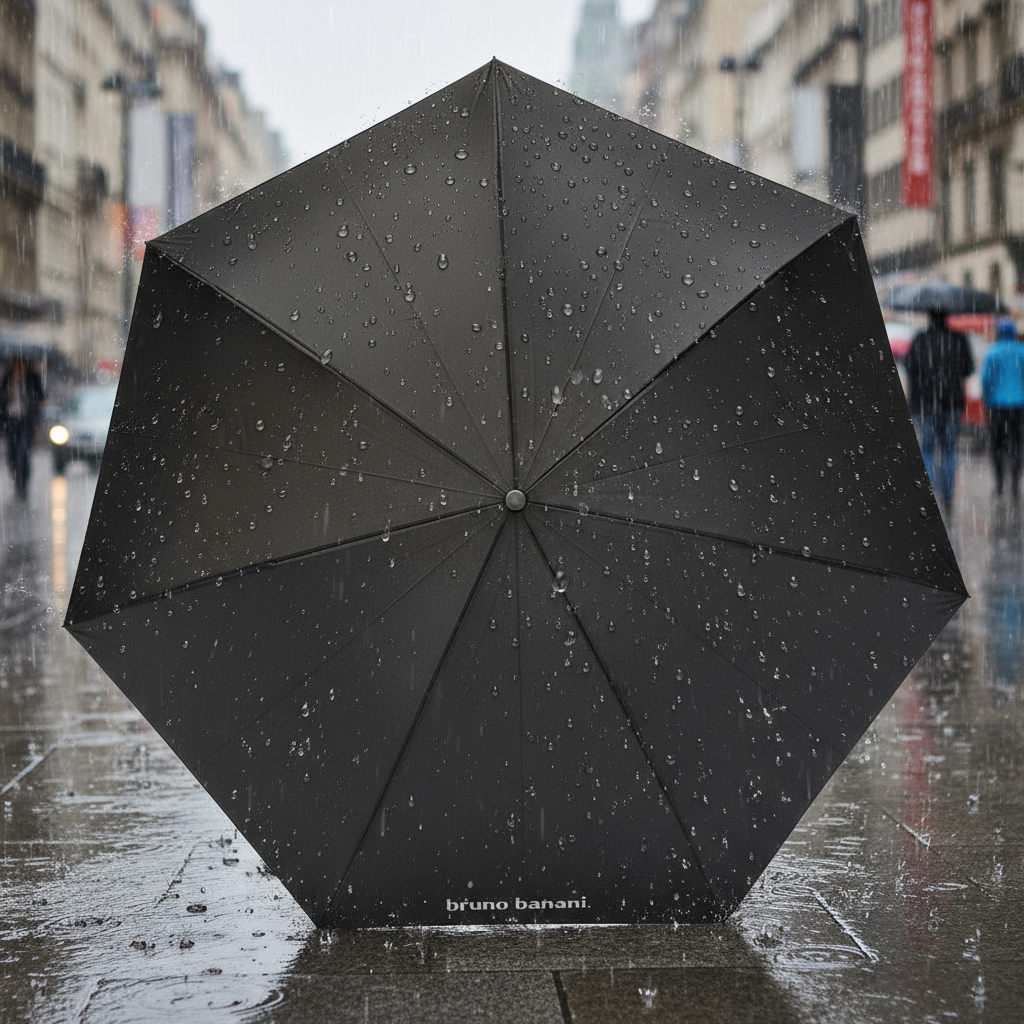 bruno banani Regenschirm Shorty – Handöffner, 7-teiliges Gestell, Polyester Pongee, mattierter Griff mit Logodruck, Schirmdach mit schwarzer Borte, Hülle mit Reißverschluss Schwarz Silber