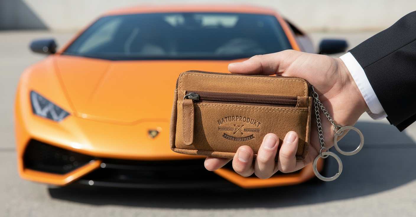 Jockey Club Schlüsseletui aus purem Büffel-Hunter-Leder – ungefüttertes, langlebiges Lederetui mit Reißverschlussfächern und zwei Schlüsselringen cognacbraun