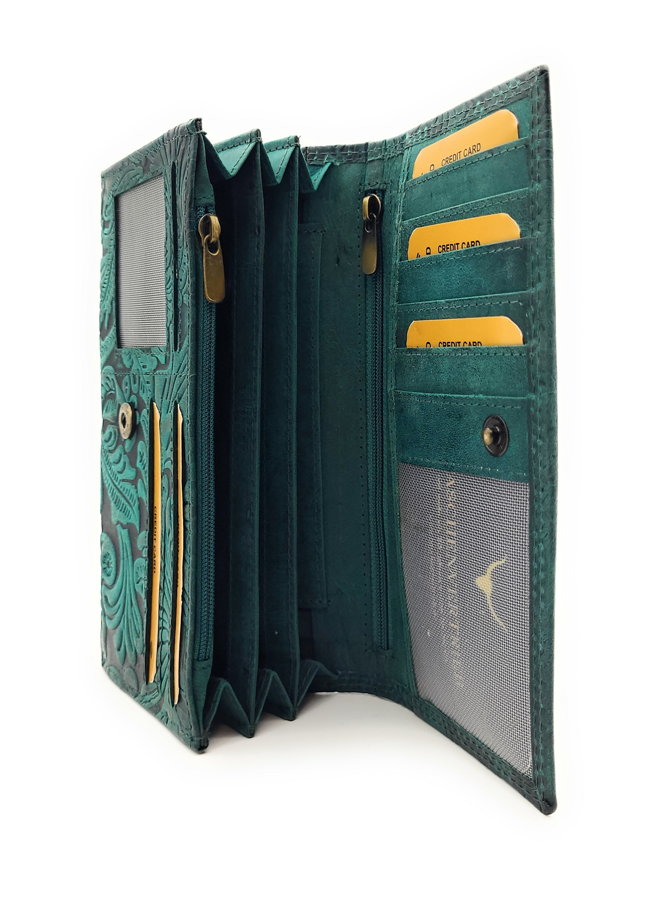 Damen Geldbörse Leder RFID Schutz - Hunter Büffelleder mit Blumenprägung grün