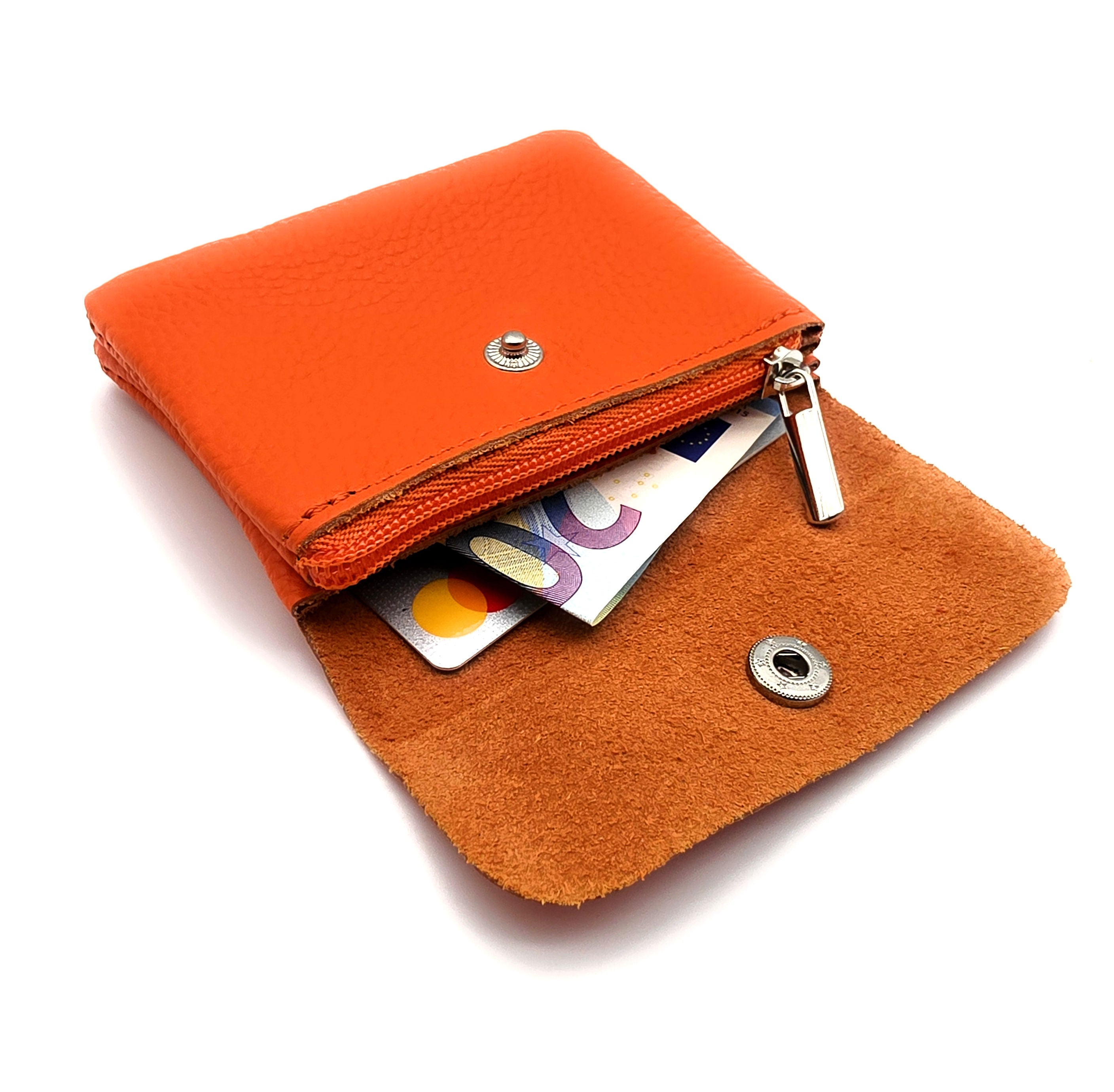 Mini Geldbörse aus echtem Rindleder – kompaktes Leder Portemonnaie Made in Italy orange