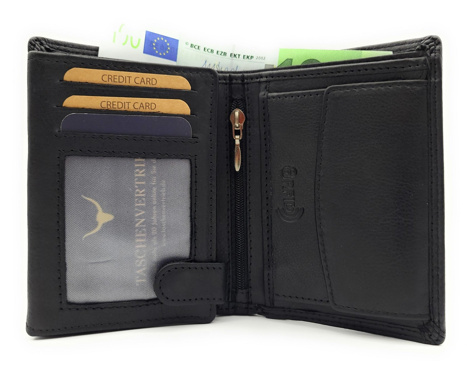Jockey Club Basic Geldbörse aus Rindleder mit RFID-Schutz, Reißverschlussfach, 6 Kartenfächern, 2 Sicht- & 2 Einsteckfächern, Münzfach & Doppelnaht schwarz
